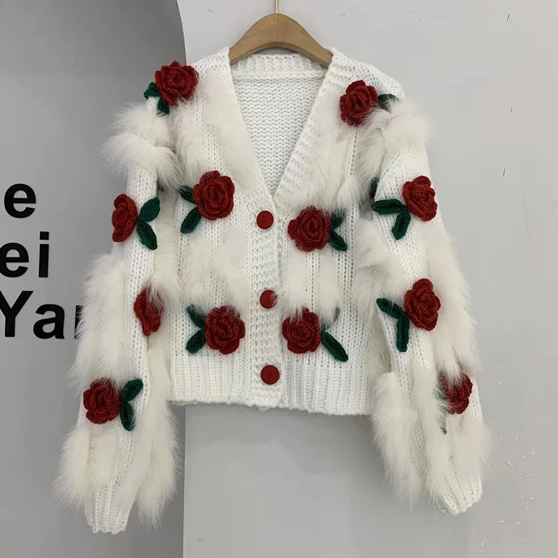 Cropped Knitted Cardigan Women Y2K 3D Flower Sweater Coat Streetwear Oversized Knitwear Jacket Winter Jumpers Outwear L204