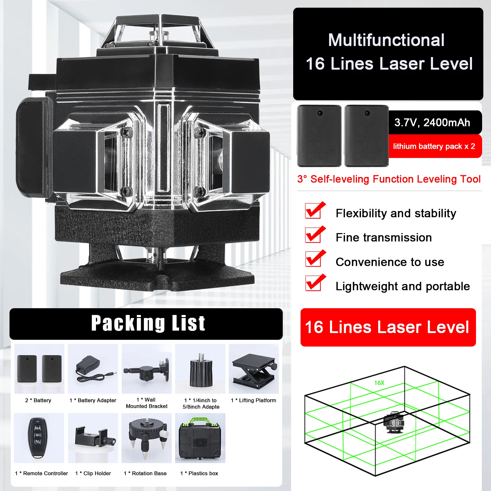 16 Lines Multifunctional Laser Level 3° Self-leveling Machine Rechargeable Ground Wall Leveling Tool Omnidirectional Gradienter