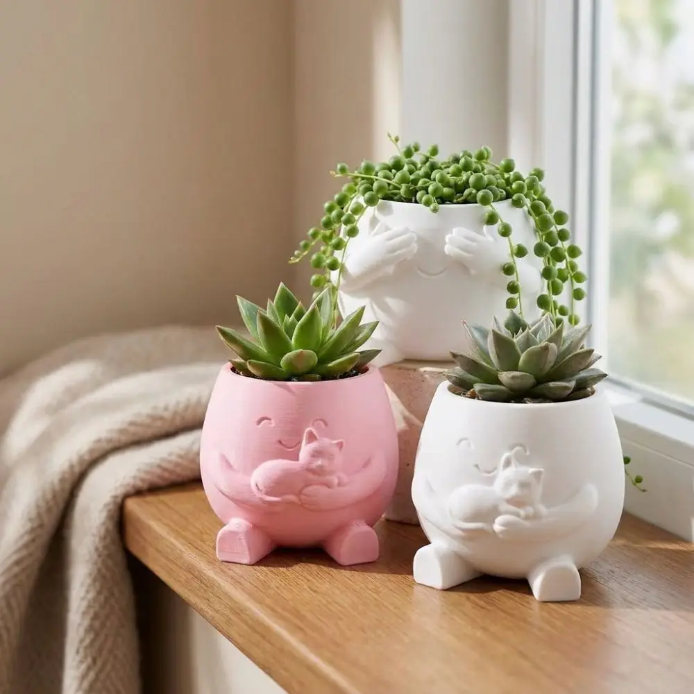 3D Printed Hugging Cat Succulent Planter Pot Cartoon Happy Expression Face Succulent Planter Lifelike Novelty