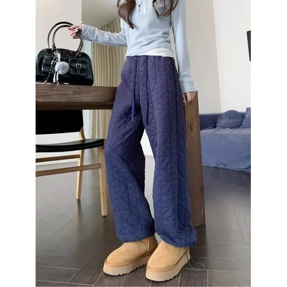 厚手の綿パンツ ハイウエスト ワイドレッグ カジュアル 冬 レジャー サーマル ダイヤモンド柄 レディース ロングパンツ