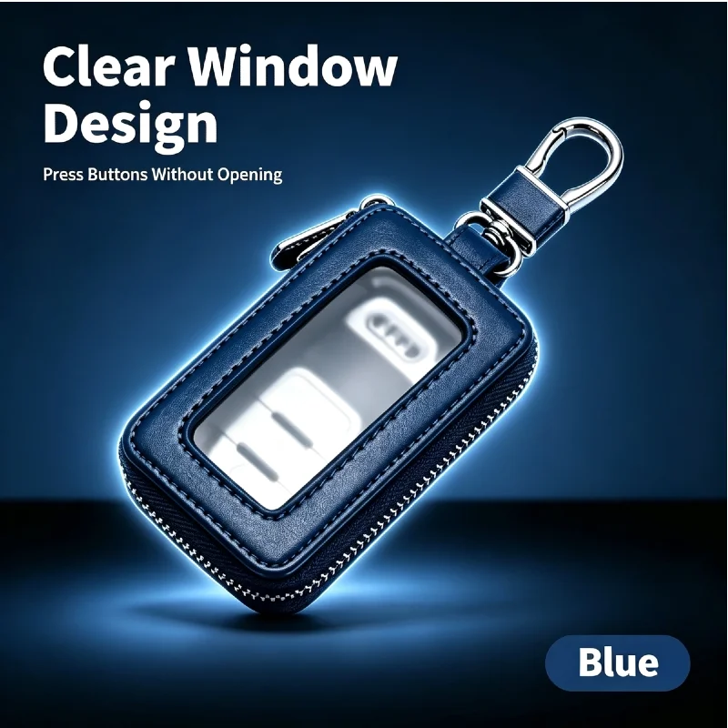 PU Leather Car Key Case with Transparent Window, Unisex Key Holder Wallet, Zipper Key Bag for Car & Home Keys