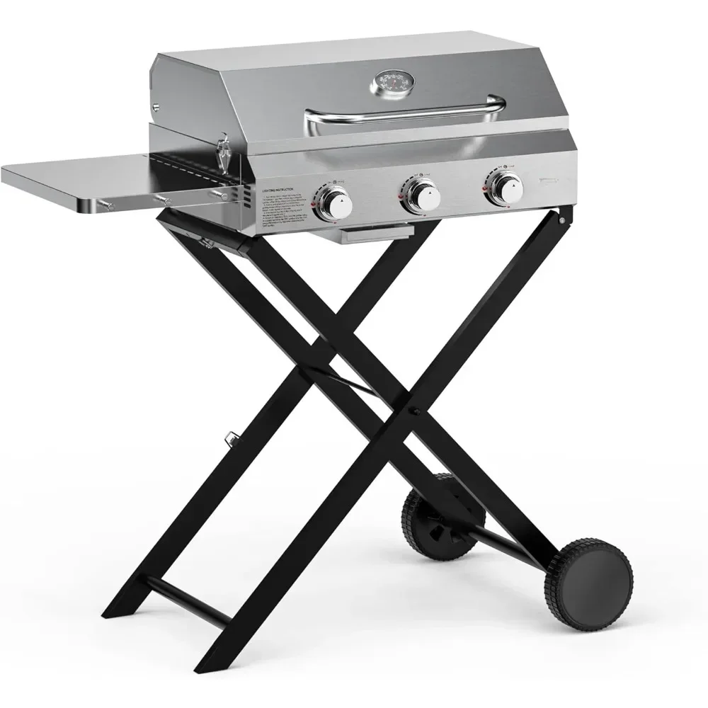 

BBQ Gas Grill, 3-Burner Grill with Foldable Cart and Side Table, Portable Propane Grill with Lid for Outdoor Barbecue,BBQ Grills