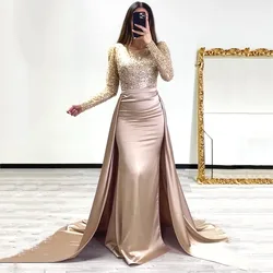 Customized Formal O-Neck Sequined Beadings Straight Women Evening Dresses Pleats Full Sleeve Floor-Length Court Train Prom Gowns