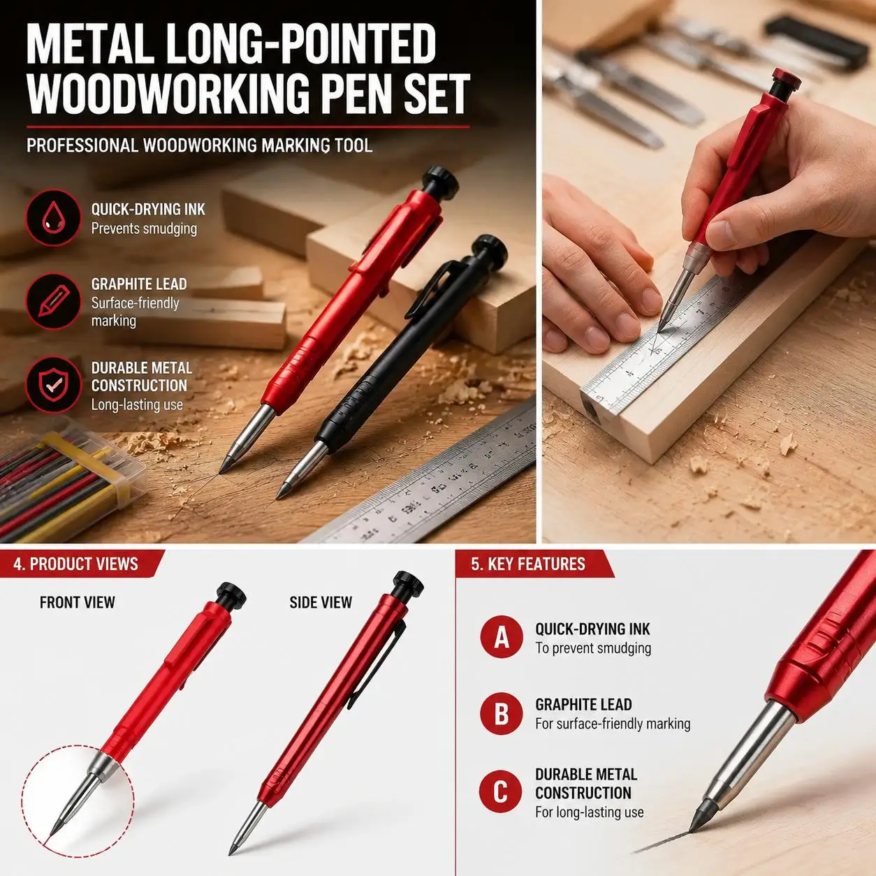 Carpenter Pencil Set with 6 Refills Built In Sharpener Professional Mechanical Marking Pencils for Construction Woodworking Scriber Tool Ideal for Carpenters Architects DIY Projects and Studio Use High Quality Durable Easy to Use