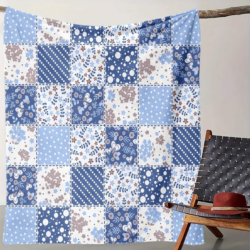 A Cozy Blue Patchwork Floral Blanket, Perfect Gift, Soft High-Definition Digital Print, All-Season, Soft, Breathable 100% Polyes