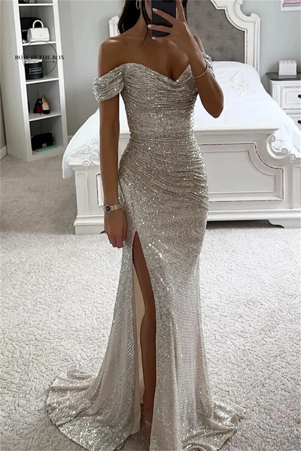 Classy Sequin Off Shoulder Ruched Slit Evening Maxi Dresses 2024 Sleeveless Mermaid Formal Prom Gowns For Women Party