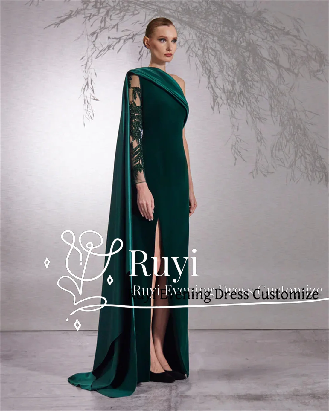 Customized One-Shoulder Green Velvet Evening Dress Appliques Long Sleeve Cape Side Slit Formal Prom Dress For Special Occasion