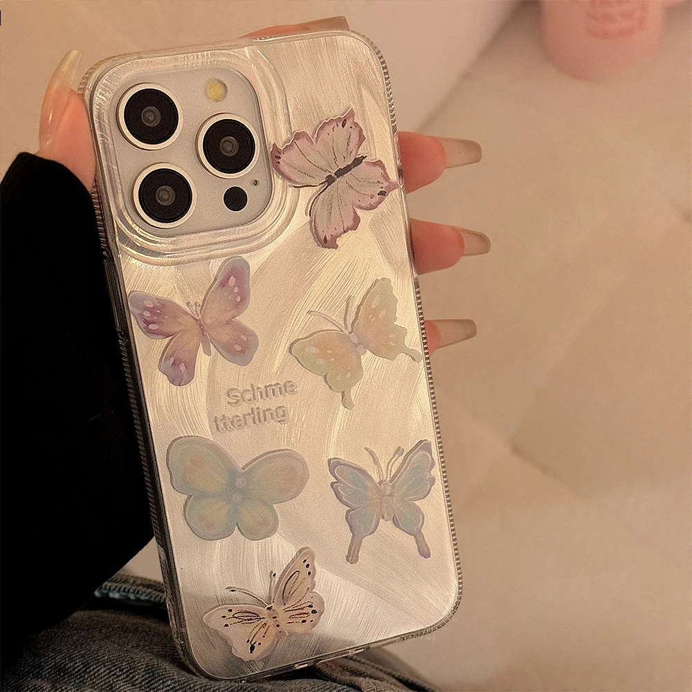 Luxury Camlet Pattern Laser Phone Case For iPhone 11 14 13 12 11 15 Pro Max Plus Aesthetics Butterfly Shockproof Bumper Cover