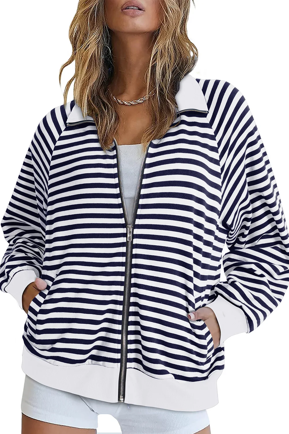 

Women's Sweatshirt Coat 2025 Spring Autumn Lapel Zipper Cardigan Striped Printed Casual Fashion Femme Streetwear Sporty Jacket