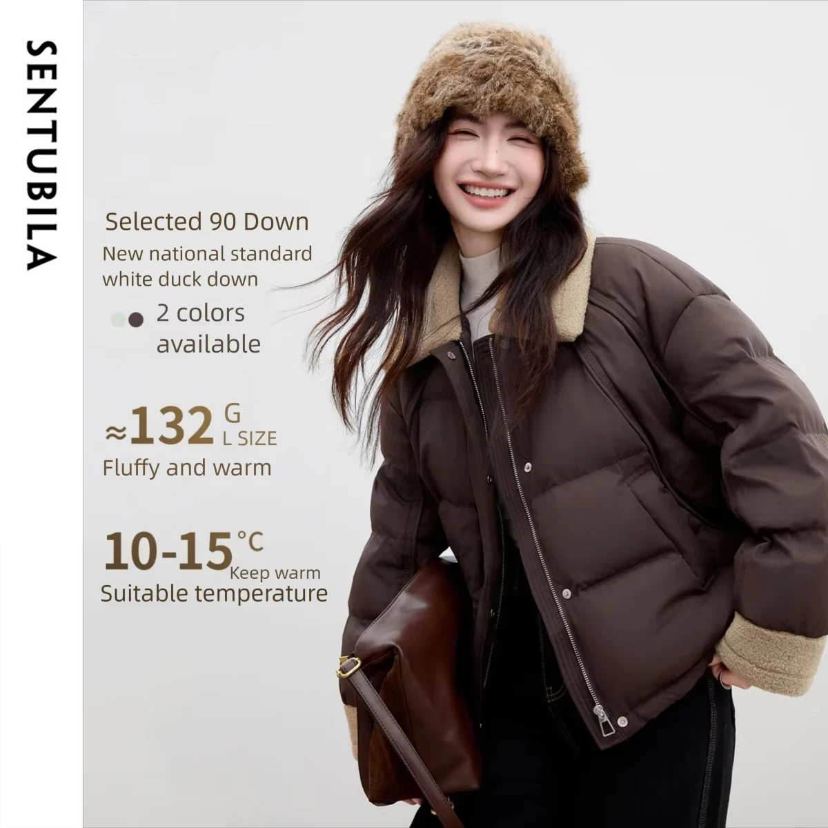 Kurtka puchowa damska SENTUBILA, krótka, zimowa 2025, 90% biały puch kaczy, ciepła, lekka, płaszcz, codzienna, uniwersalna, casualowa, model W54YC3384