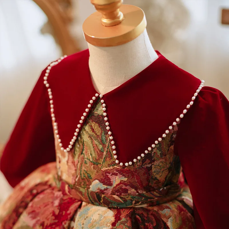 Girls\' Red New Style Long Sleeve Flower Girl Wedding Dress High-End Velvet Print Baby Dress for One Year Old Princess Dress