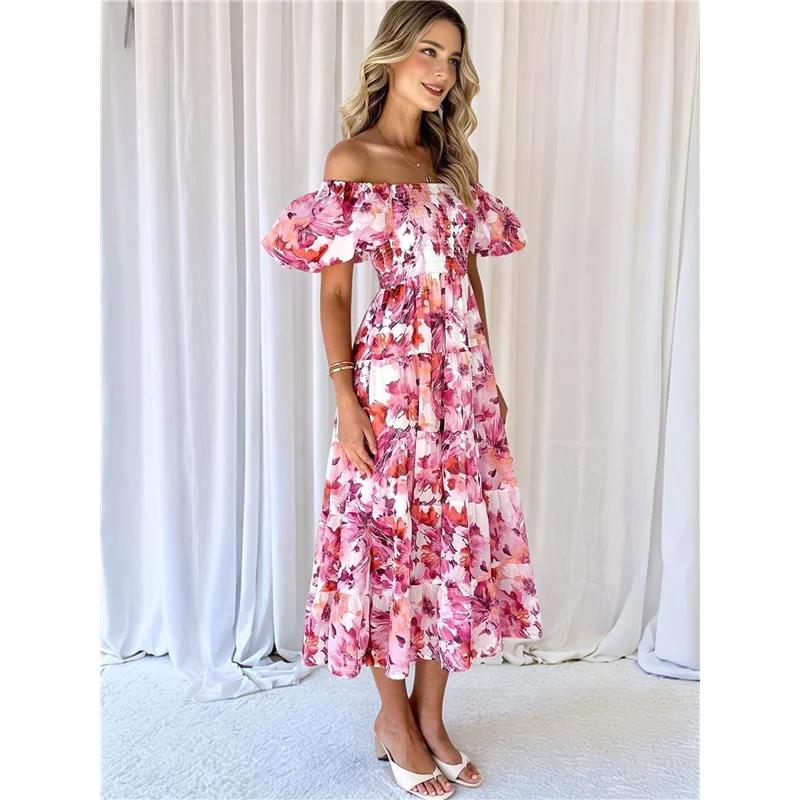 Abito longuette casual estivo da donna, manica corta gonfia, collo quadrato, smock, volant a strati Dresses-A55G