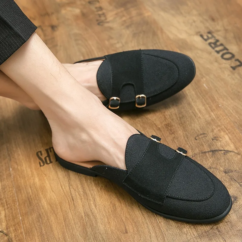 canvas mules half shoes for man british formal office loafers luxury designer mens dressing shoes double monk strap shoe slipper
