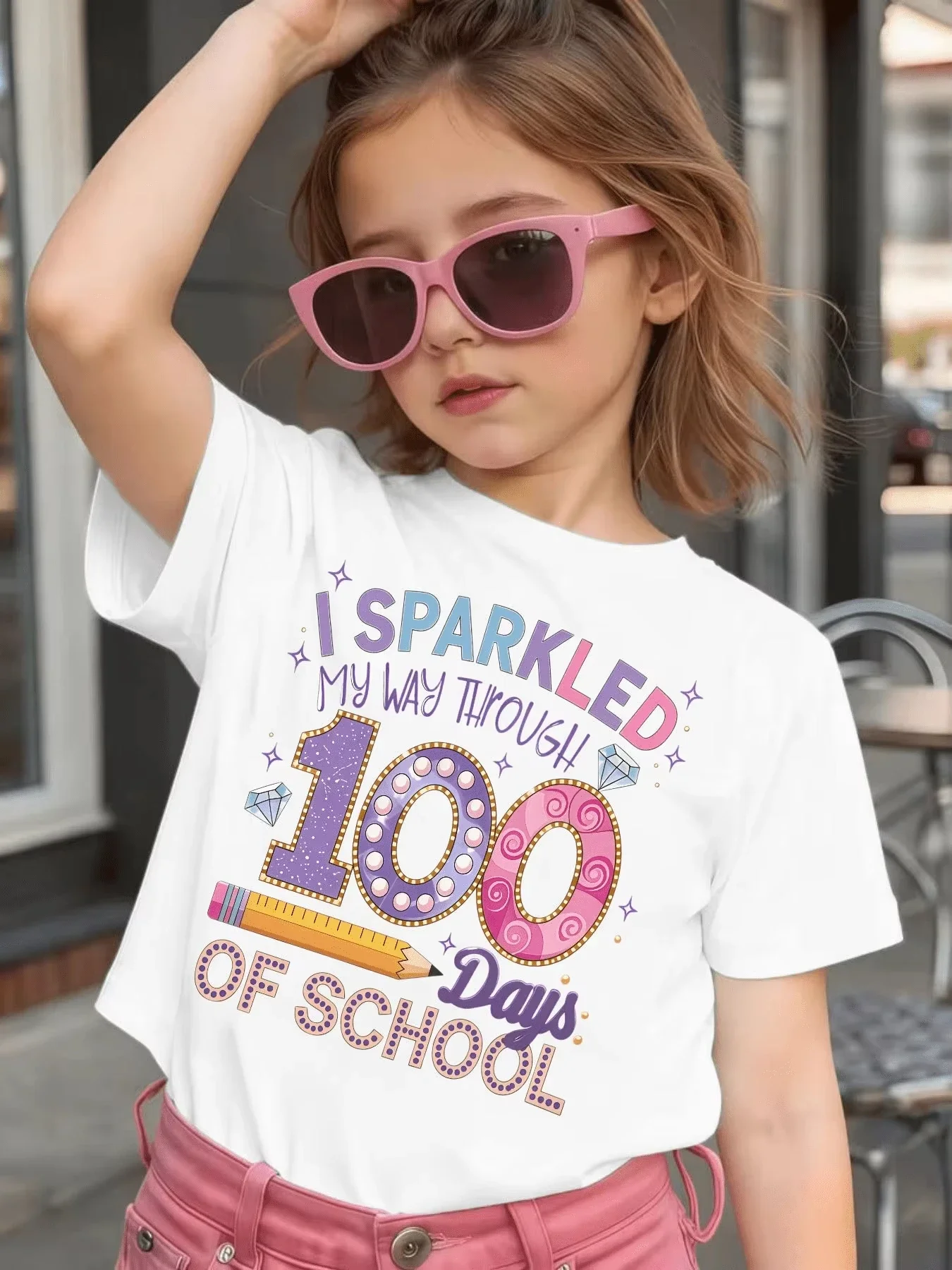 Kids Short Sleeve T Shirt I Sparkled My Way Through 100 Days Of School Graphic Crew Neck Casual Girls School Celebration Tee