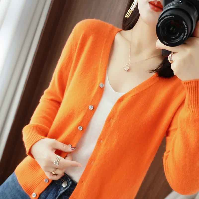 Rimocy Basic V Neck Single Breasted Sweater Women Korean Long Sleeve Knitted Cardigan Woman Solid Color Wild Cardigans Ladies