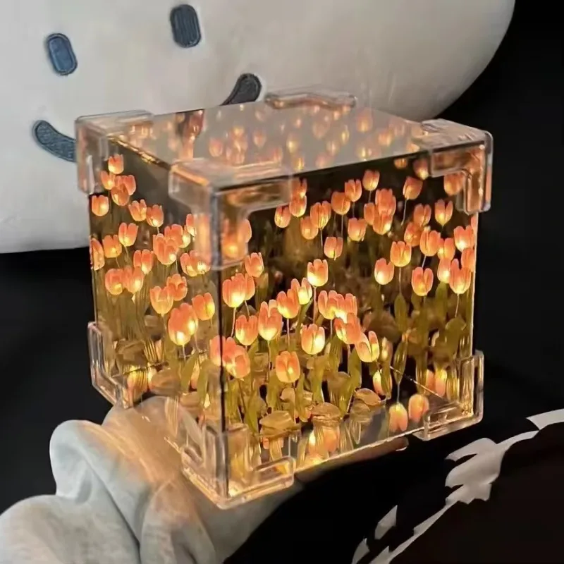 Creative Diy Tulip Flower Sea Cube Three-Dimensional Small Night Lamp Material Package for Girlfriend Couple Girlfriends