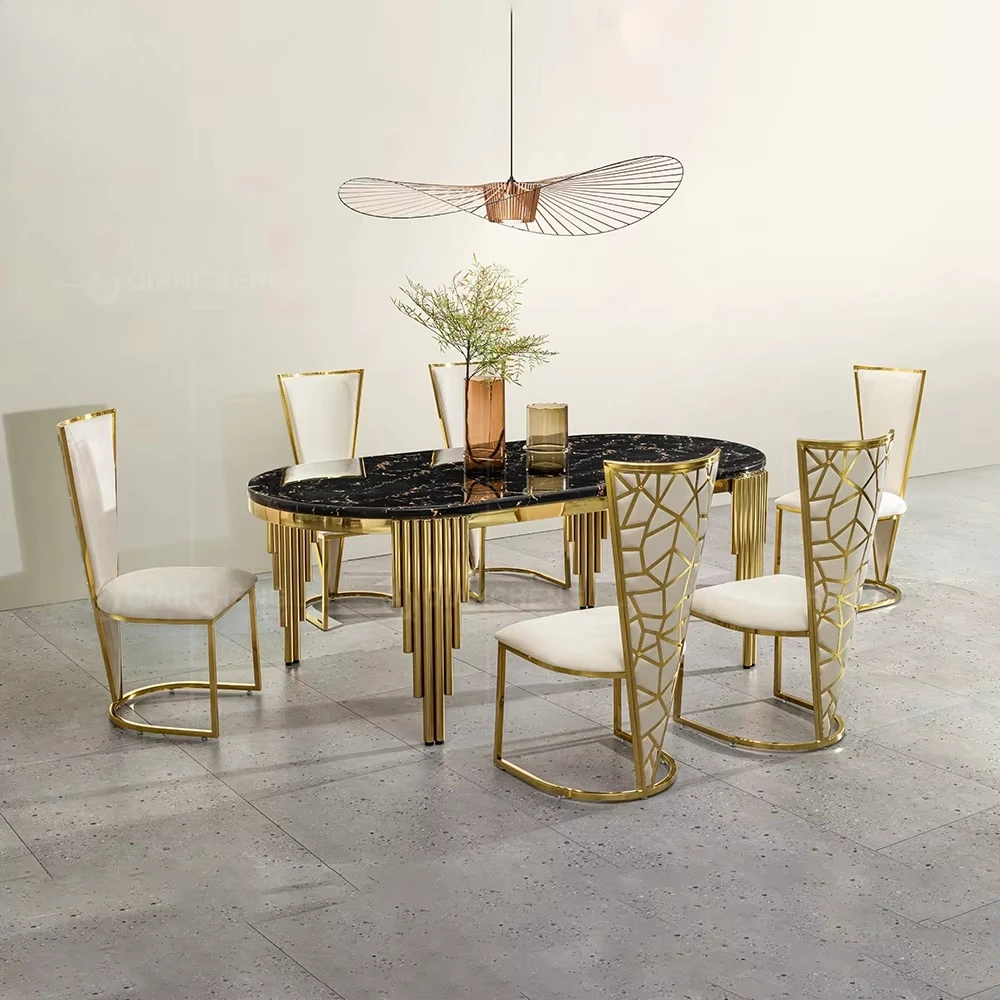 Vajilla de 8 asientos Mesa de comedor moderna italiana de piedra metálica Mesa de comedor de mármol de lujo