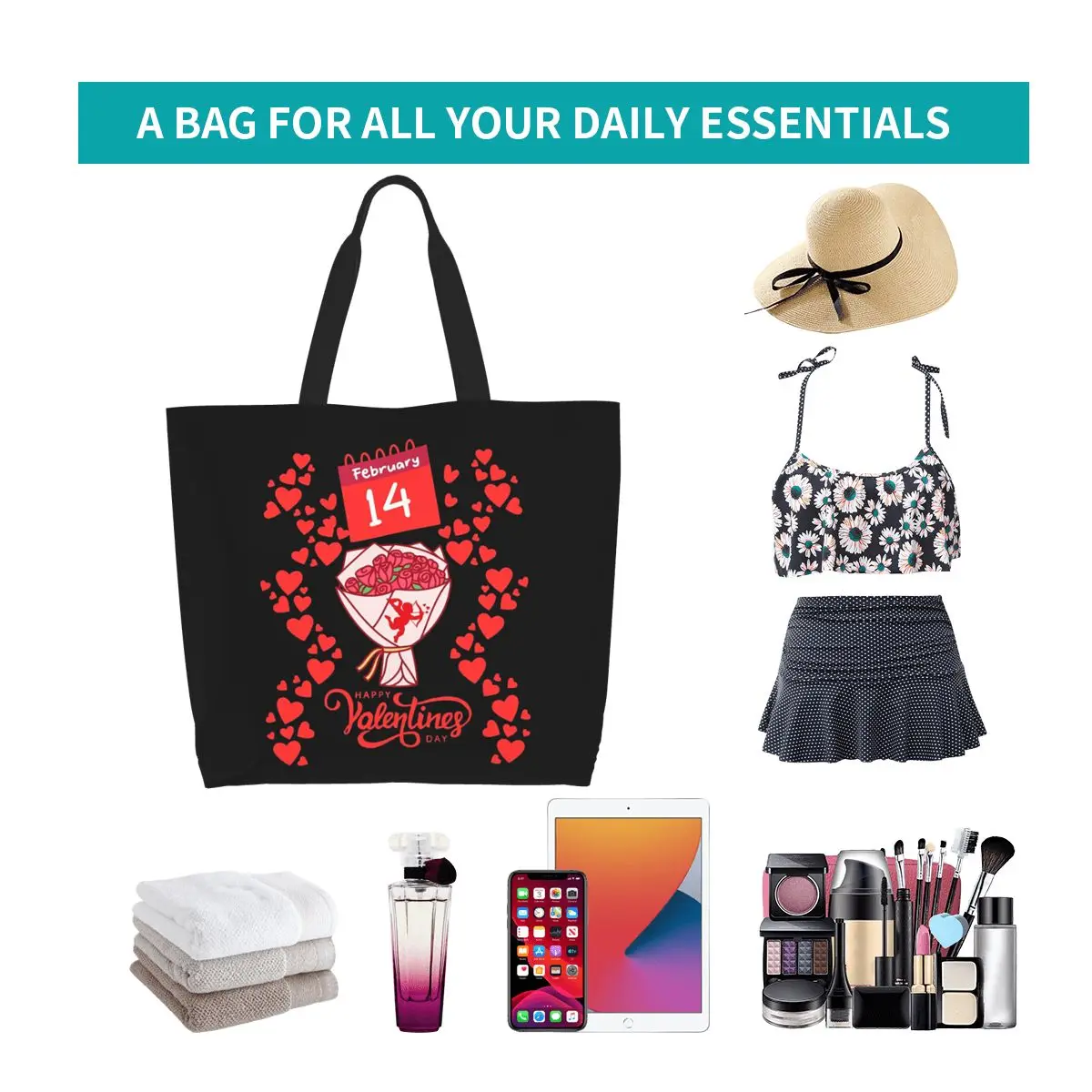 Happy Valentine's Day February 14 Shopping Tote Bag Canvas Large Capacity Shoulder Bags Shopper Grocery Handbag for Women