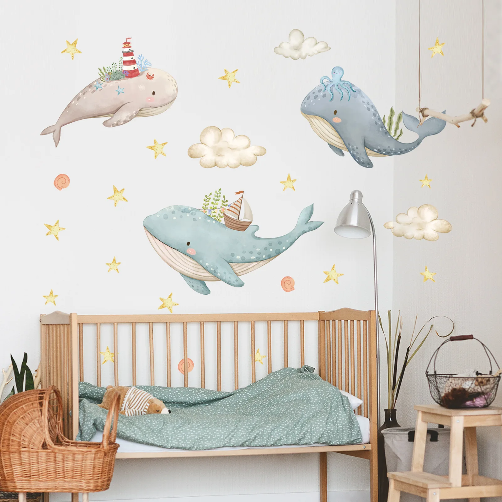 2pcs Cartoon Whale Star Watercolor Wind Wall Stickers Children's Room Bedroom Wall Stickers Background Home Decoration Ms6310