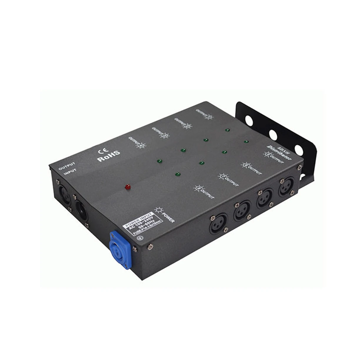 DMX512/1990 Signal Distributor 8 Way Separate DMX Hanging Splitter Booster  Data 1 Input 4 Output Side Installed Powercon In