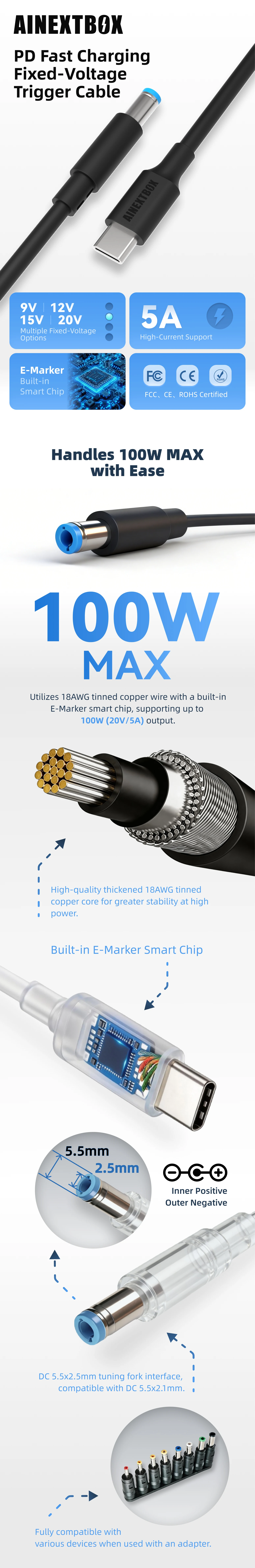 9-20V 5A 100W PD-Triggerkabel, Schnellladekabel mit Festspannung, Typ-C zu DC Stromkabel, Geeignet für Laptops / Router – Detail 1