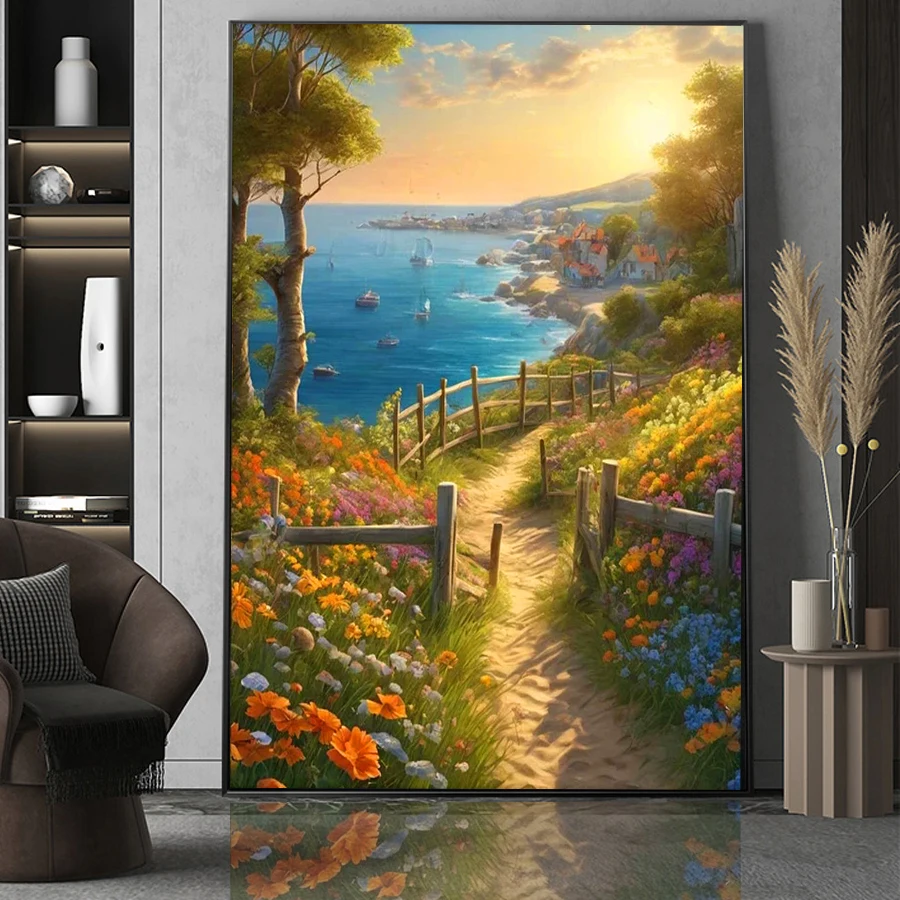 Seaside wildflowers Landscape Full Square Round Mosaic Sunset view DIY diamond Painting Country road embroidery home decoration