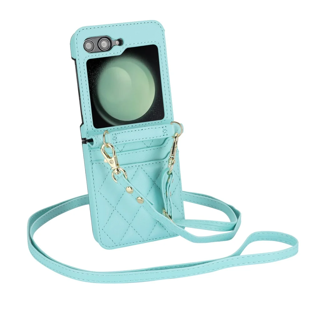 For Galaxy Z Flip 7 Leather Wallet Phone Case With Crossbody Strap Purse for Samsung Z Flip 6 5 4 3 Card Slot Lanyard Phone Case