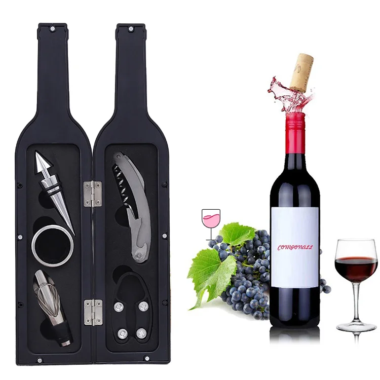 Best Selling Bar Accessories 5 Pieces Wine Tool Set Bottle Shaped Gift Sets Wine Opener Set Metal Silver Promotion 10sets