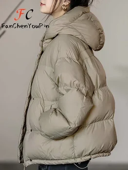 Sonbahar Kış Moda Vintage Casual Bayan uzun kaban Sıcak Kapşonlu Cep Gevşek Yeni Düz Renk Kısa Sıcak Yumuşak Parkas Kadın 2024