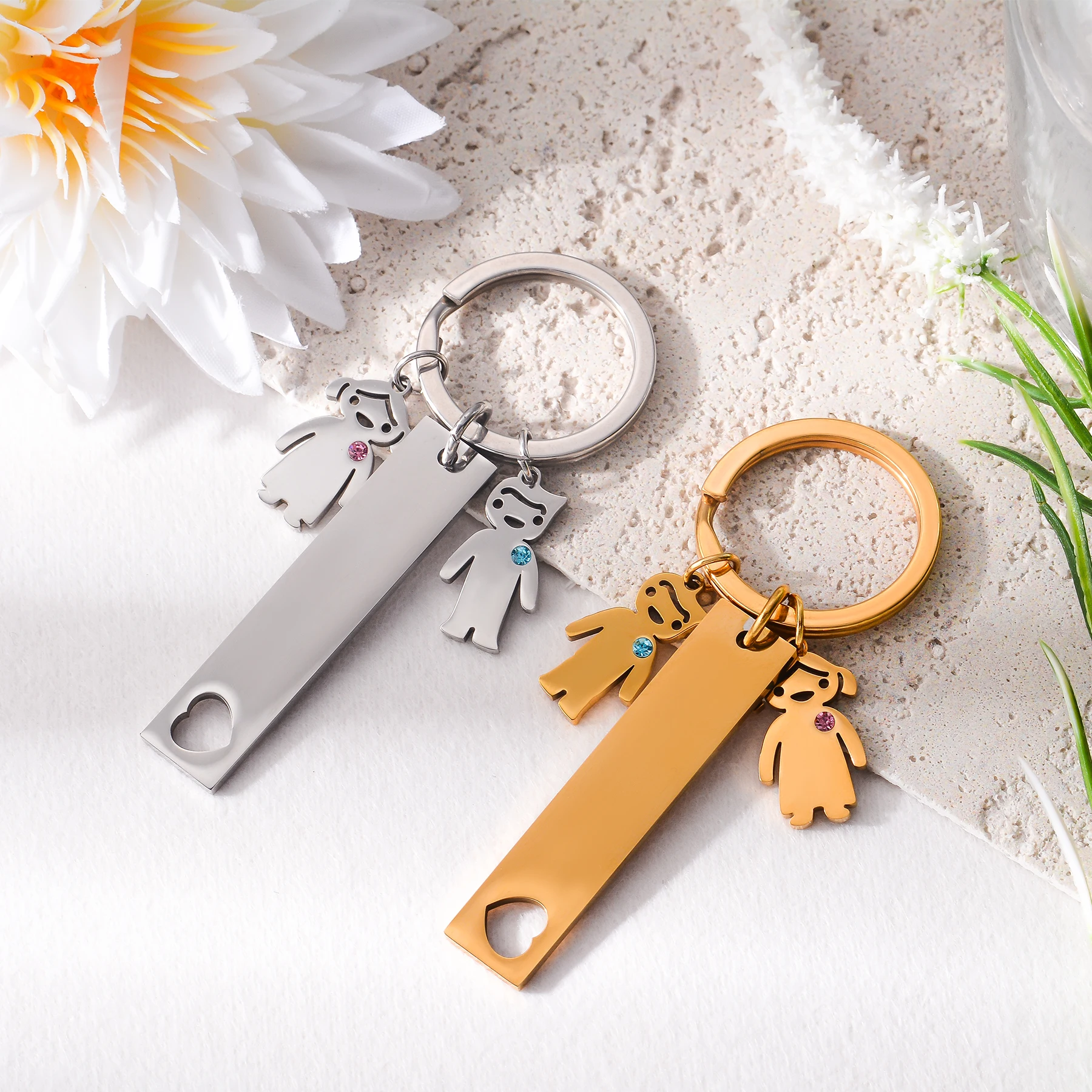 10pcs/lot Wholesale Stainless Steel Girl Boy Charm Keychain Mirror Polishing Heart Rectangle Keyring Jewelry Gift Waterproof