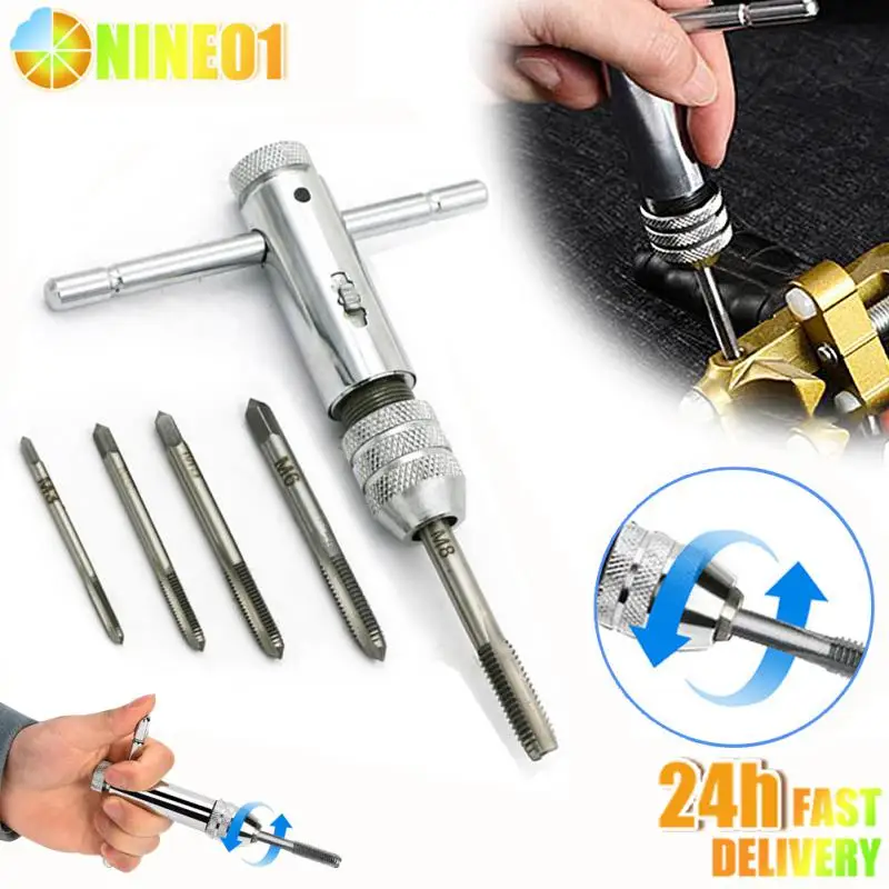 5pcs Machine Screw Thread Metric Plug M3-M8 3mm-8mm Adjustable Positive And Negative Wrench T-Handle Ratcheting Tap Accessories