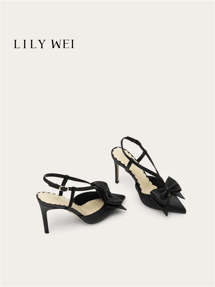 

Summer new pointed satin bow cross strap widened flat sandals for banquets, big size small size slim high-heeled women's shoes