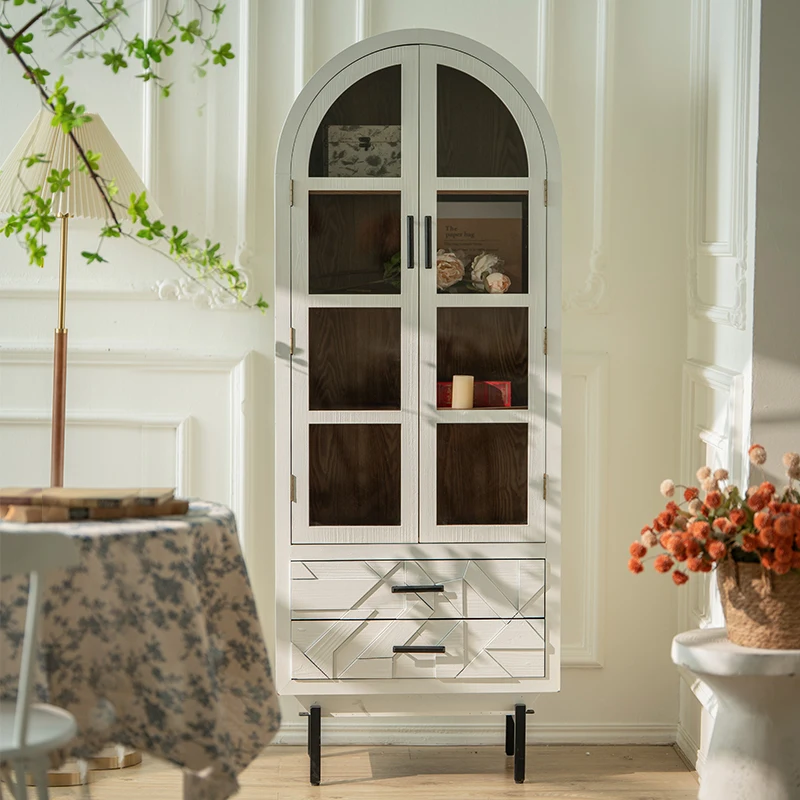 Vitrina de Vino Arqueada Creativa Cream Wind, Librería Romántica Francesa con Puerta de Vidrio, Armario Lateral Blanco para Pared