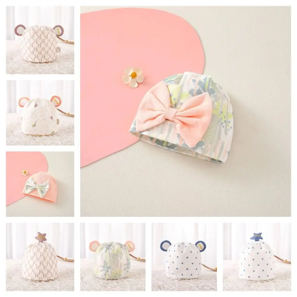 

Windproof Print Boneless Muslin Hats Cartoon Bear Cotton Newborn Hats 0-3 Months Elastic Infants Beanie Cap Protection