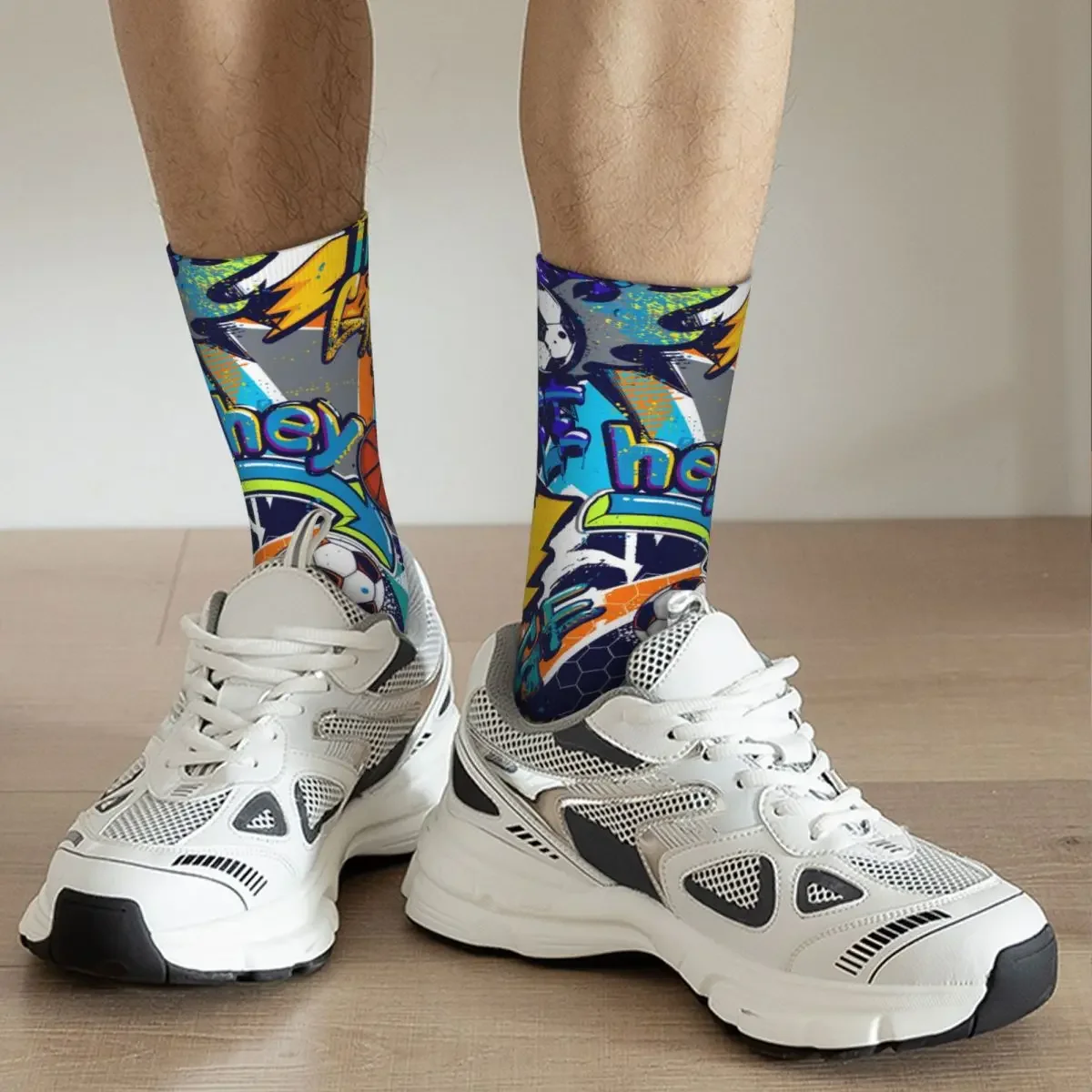 Sock for Men Sport Textile With Socker Lightning Basketball Ball Hip Hop Graffiti Art Pattern Pattern Printed Crew Sock