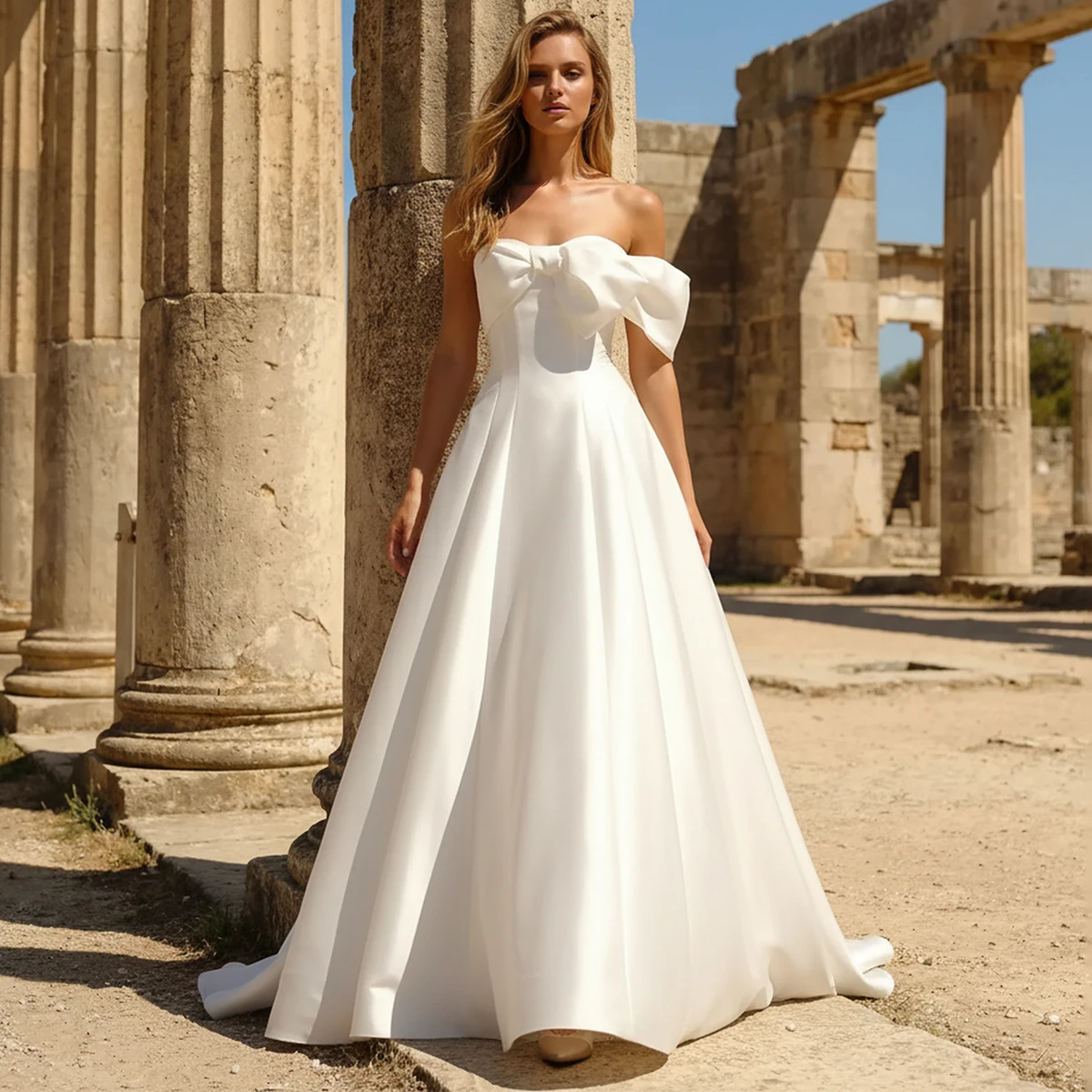 

Beach One Shoulder Satin Wedding Dresses With Bow Strapless Bridal Party Gown Pleated Ball Gown For Women Long Vestidos de novia