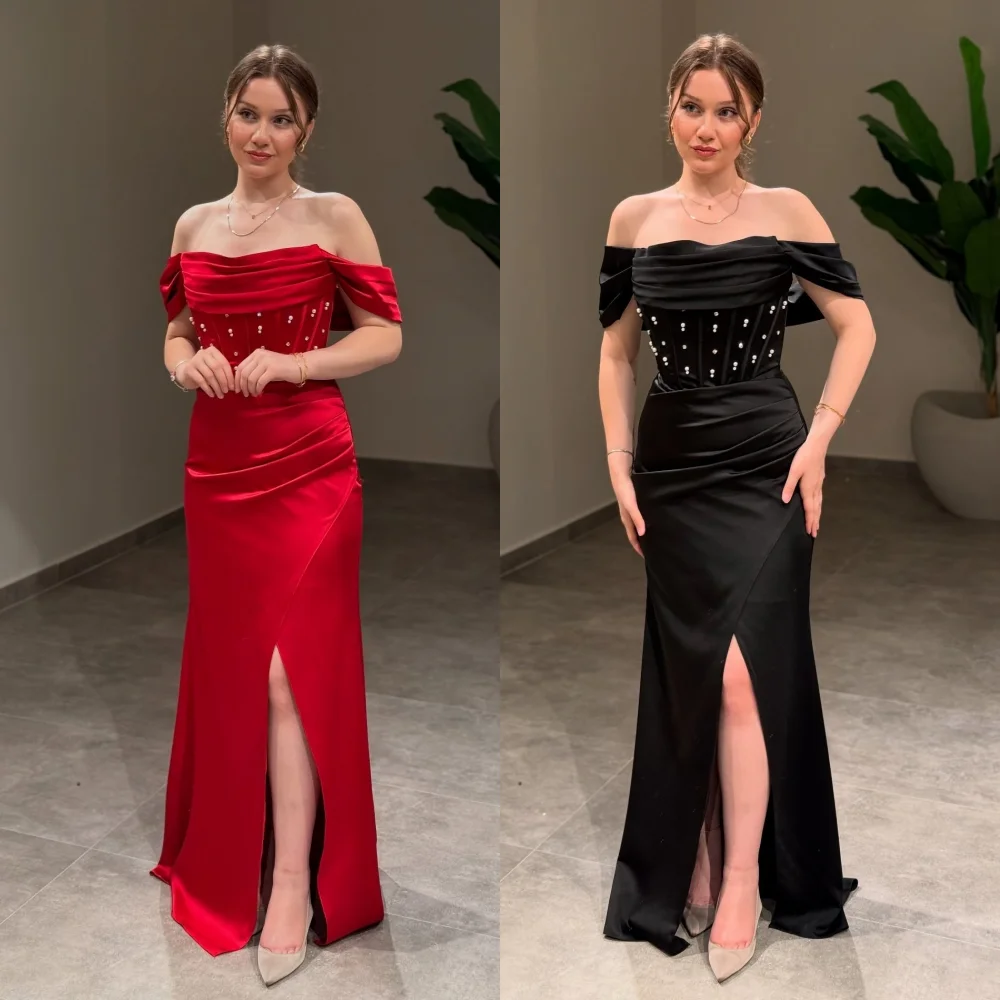 

Customized Charmeuse Pleat Beading Mermaid Off-the-shoulder Floor-length Bespoke Occasion Prom Party Elegant Evening Dresses