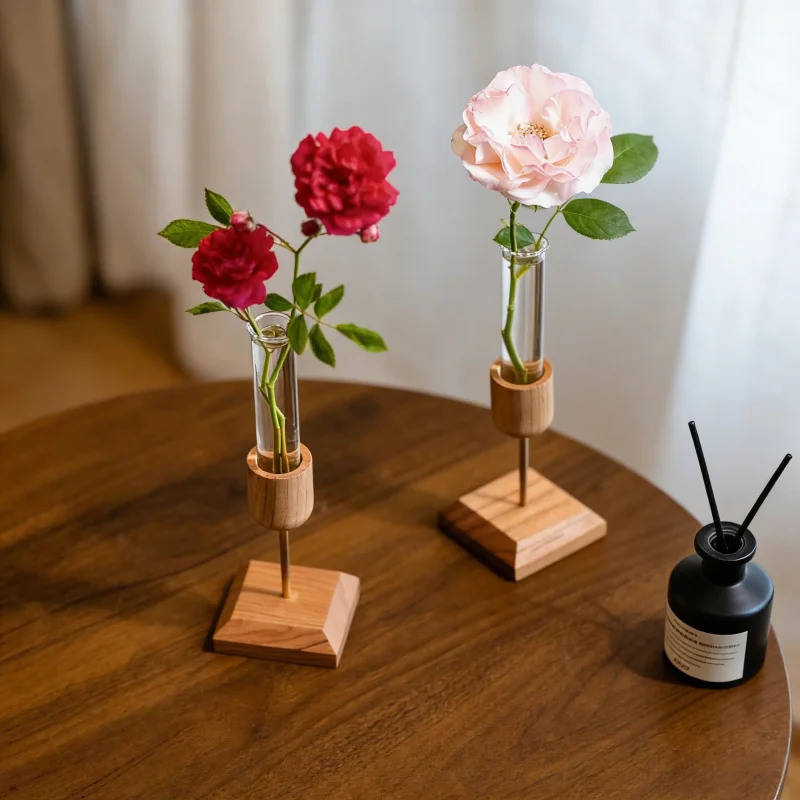 Minimalist Transparent Glass Test Tube Hydroponic Plant Vase Creative Wooden Base Home Desktop Ornament Pastoral Style