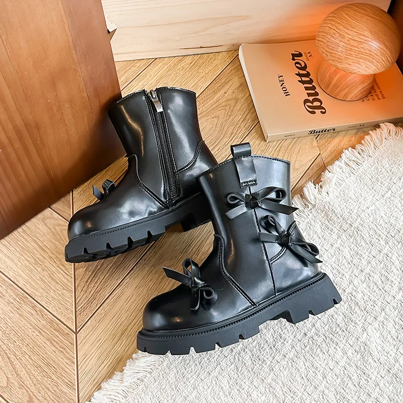 JGSHOWKITO Girls Bow Ankle Boots Spring Autumn Children's Fashion Platform Boots Princess Catwalk Non-slip Kids Leather Boots