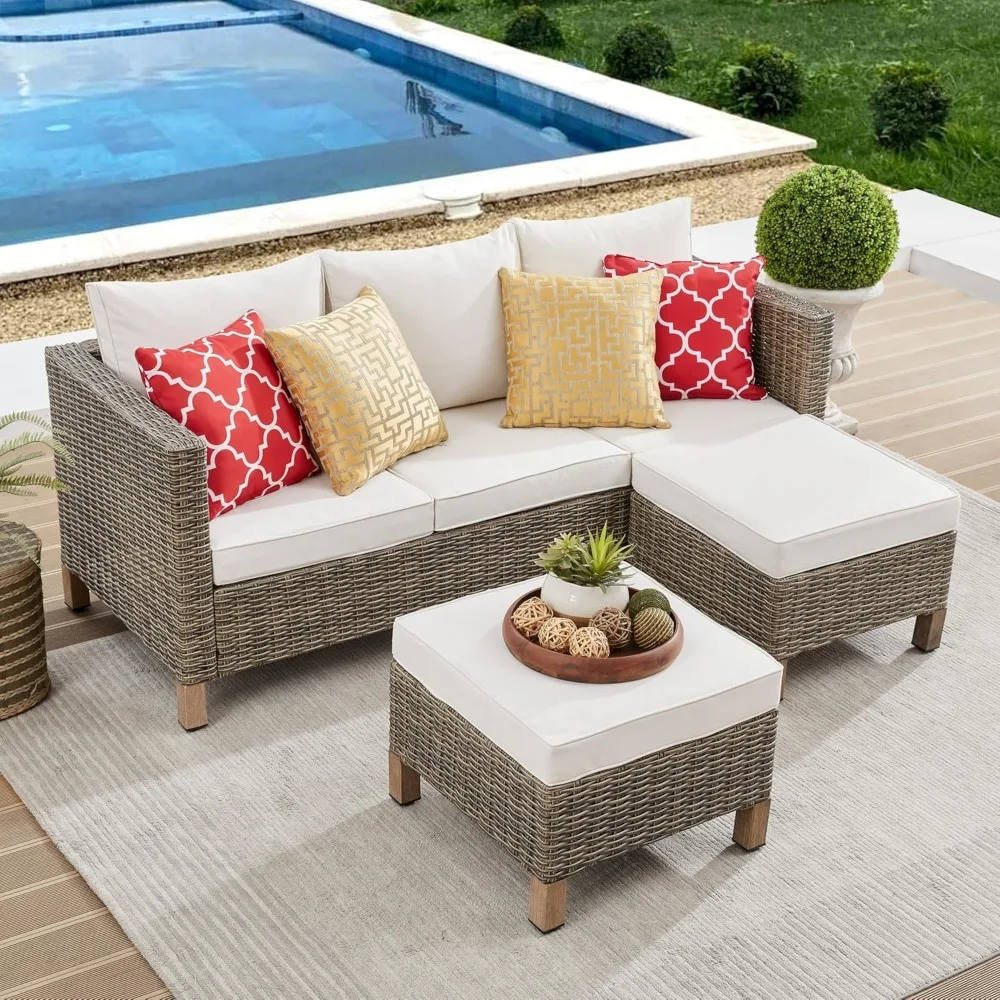 

Outdoor 3 Pieces Wicker Conversation Set, PE Rattan Sectional 3 Seats Sofa with Ottomans, All-Weather Patio Furniture Couch with