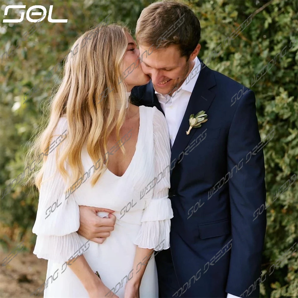 Vestido De Novia De gasa con cuello en V profundo, mangas abullonadas Simple con traje De Novia De tres cuartos, cuello Halter, línea A, elegante