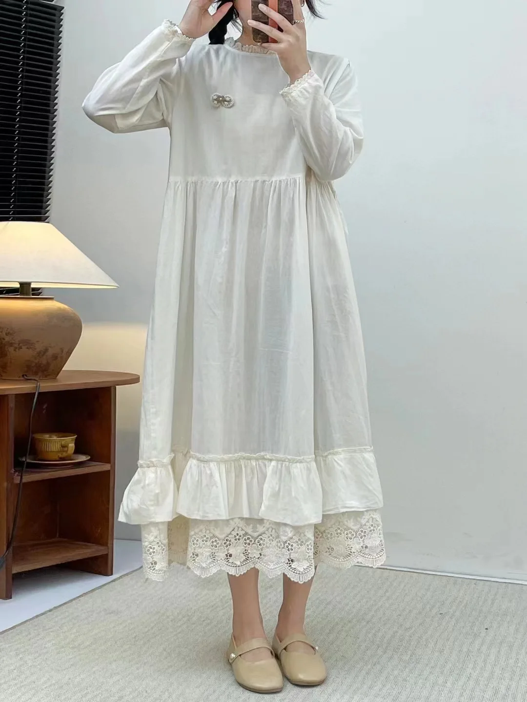 Mori kei clothing Japanese style lace patchwork solid dress for women autumn spring long sleeve mori girl cotton dress