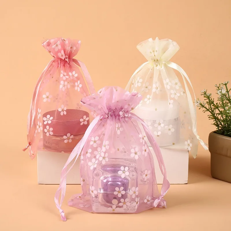 20/50pcs Drawstring Gift Bags Floral Display Bag for Jewelry Packing Adjustable Drawstring Pouch Wedding Gifts Organza Party