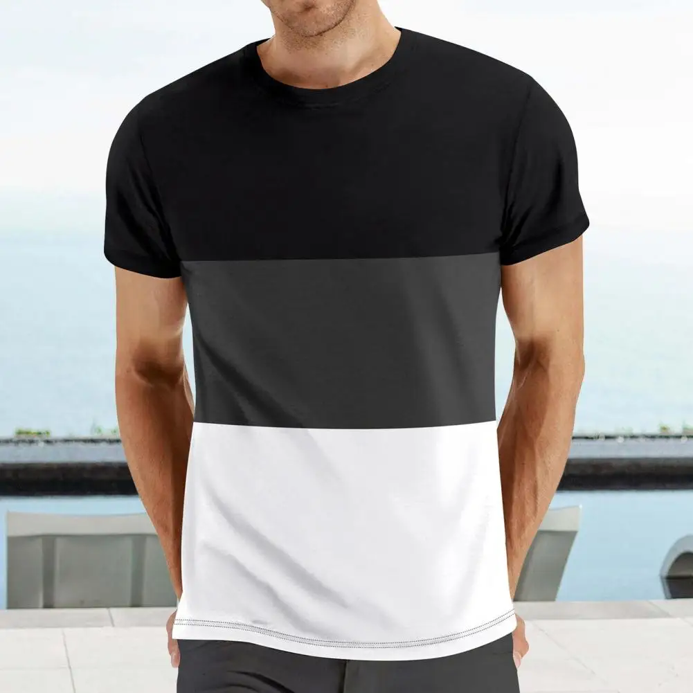 Round Neck Striped Tee Men's Color Matching Round Neck Pullover T-shirt for Sport Fitness Loose Fit Stretchy Bottoming Tee Men