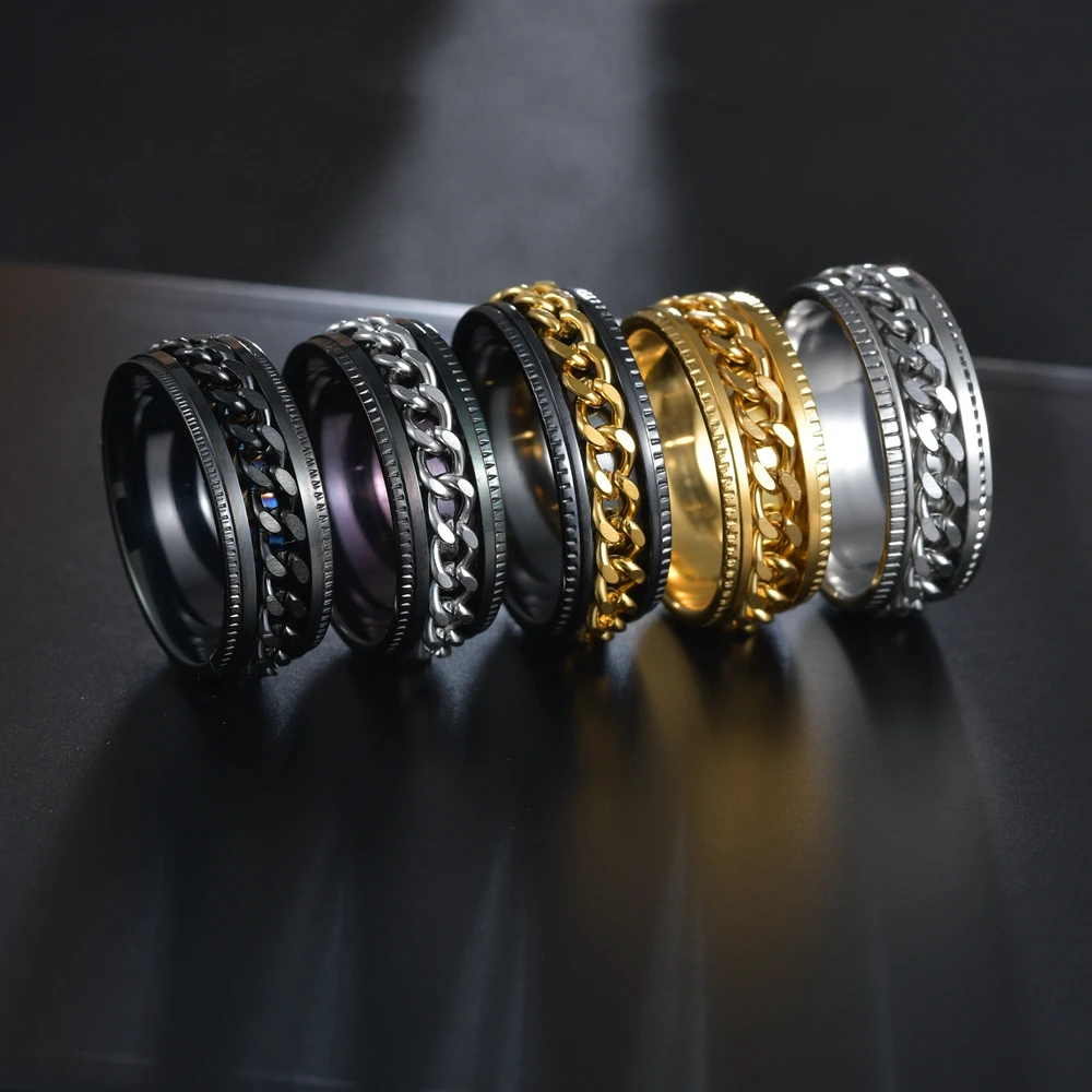 5 cores 8mm legal preto girador corrente girar anel para homens textura de pneu aço inoxidável spinner links punk masculino anel