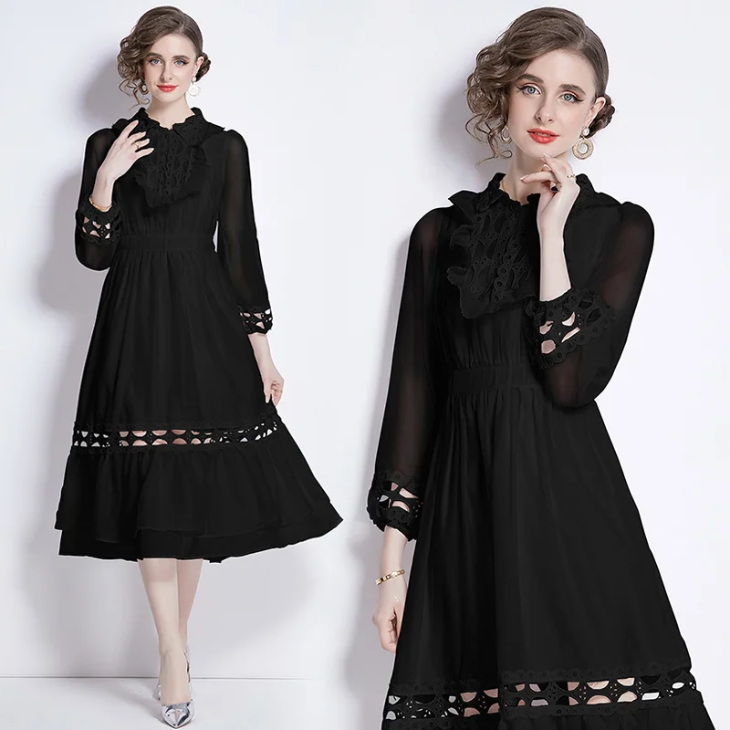 

Dress Women 2024 New French Style Vintage Flounced Solid Chiffon Long Sleeve Lantern Sleeve High Waist Dresses