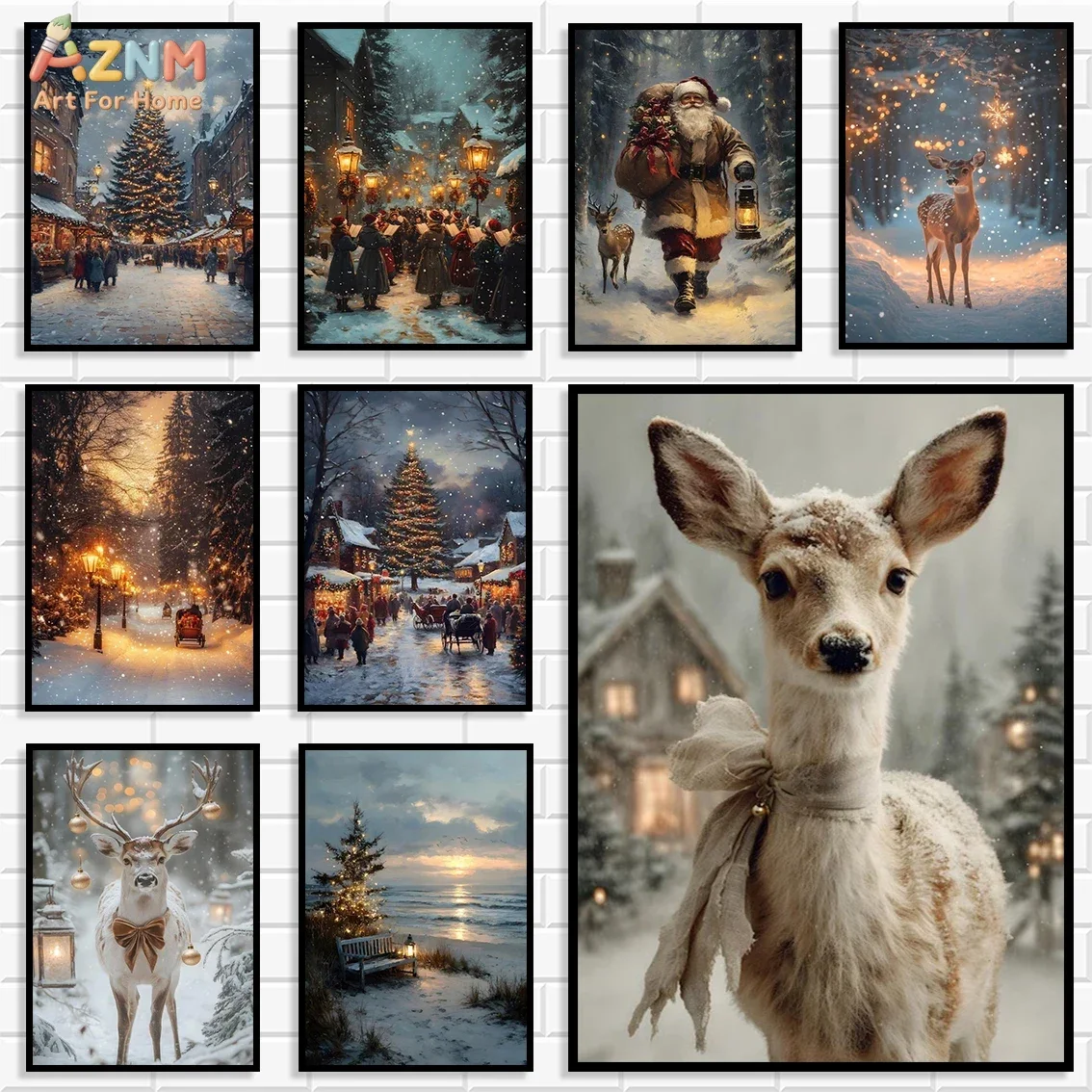 AZNM Vintage Christmas Canvas Poster Santa Deer Snowy Winter Town Xmas Tree Holiday Winter Scenery Farmhouse Wall Decor, Unframe