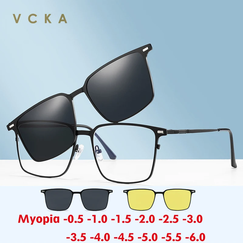 

VCKA 3 in 1 Square Magnetic Polarized Myopia Sunglasses Men Women Driving Custom Prescription Optics Glasses Frame -0.5 to -10