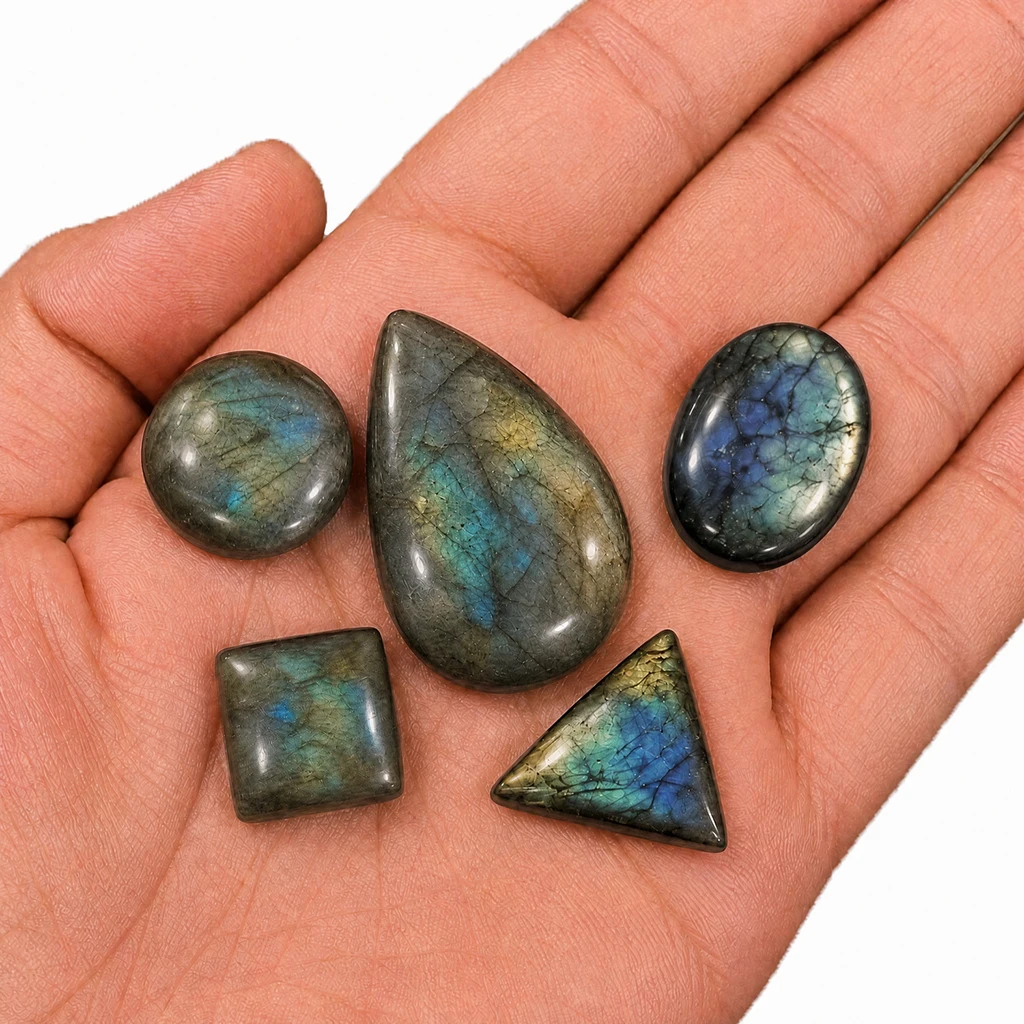 5pcs Bulk Natural Labradorite Cabochon Polished Flatback Stone DIY Making Stone Crafts Oval & Pear and Multiple Geometric Shapes