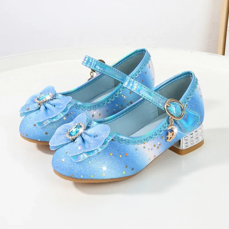 Kids Leather Shoe Glitter Rainbow Children Princess Shoes Fashion Spring Bowknot Girls Performance Party High Heels Single Shoes